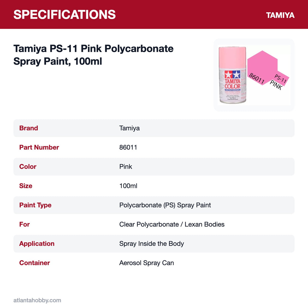 Tamiya PS-11 Pink Polycarbonate Spray Paint, 100ml specifications