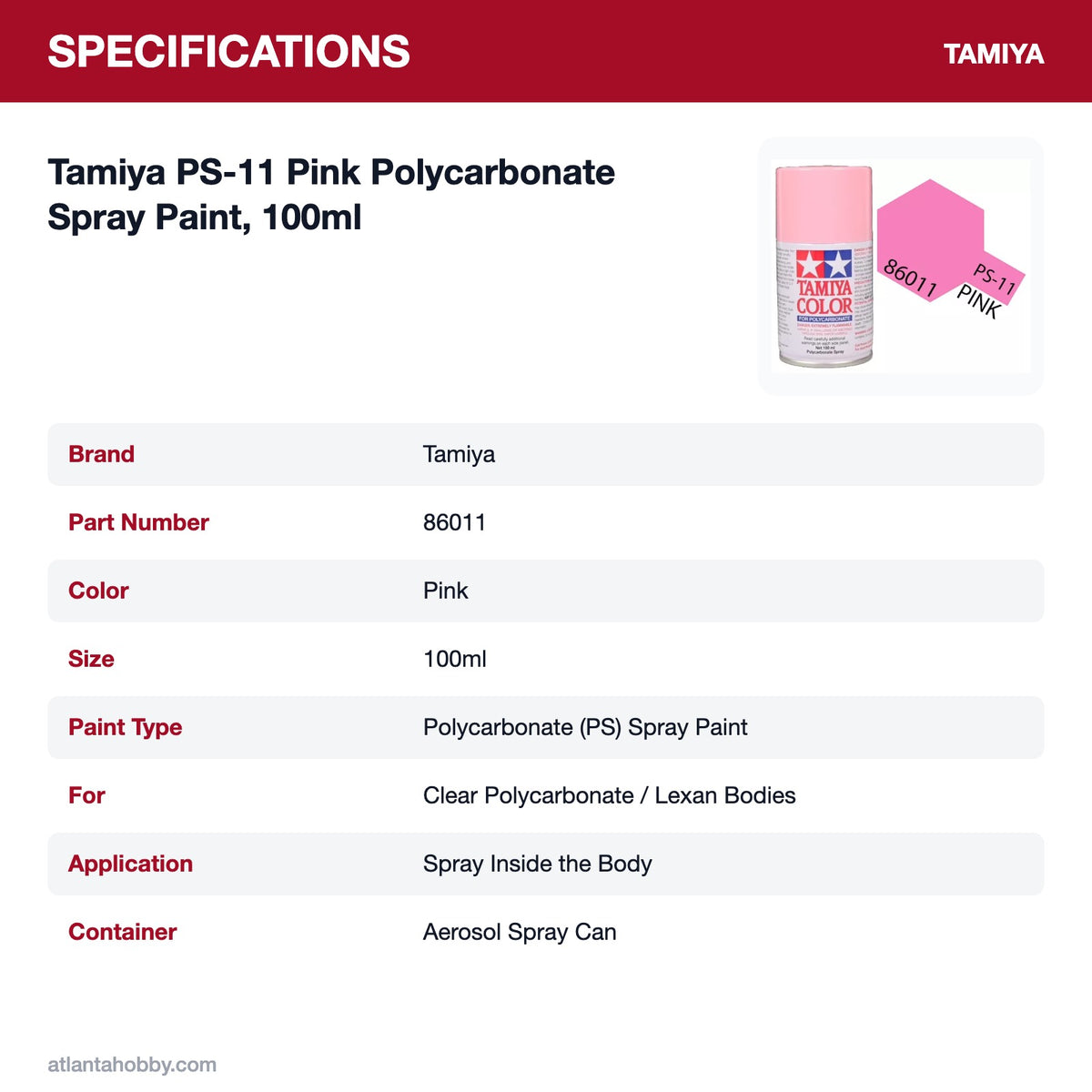 Tamiya PS-11 Pink Polycarbonate Spray Paint, 100ml specifications