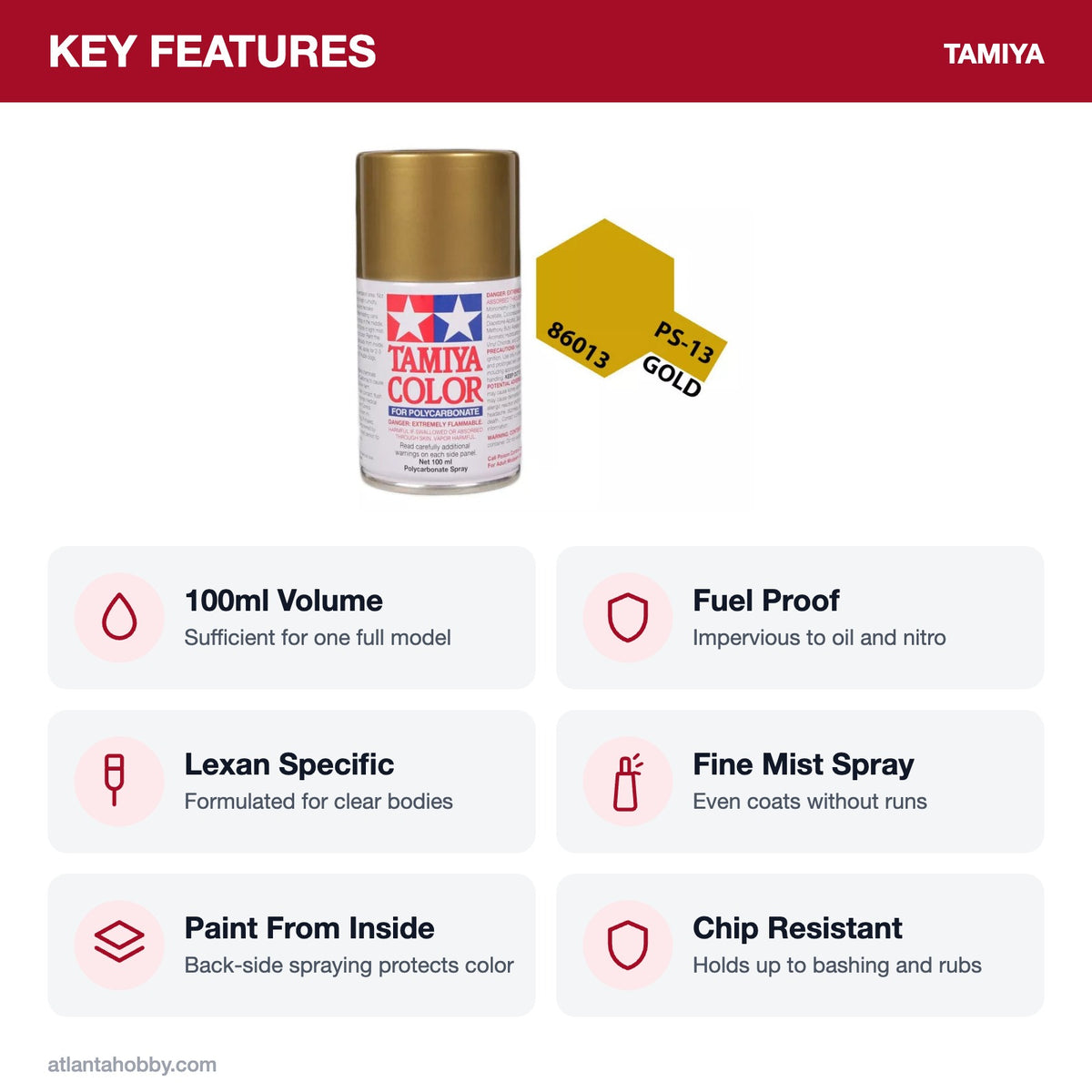 Tamiya PS-13 Gold Polycarbonate Spray Paint, 100ml key features