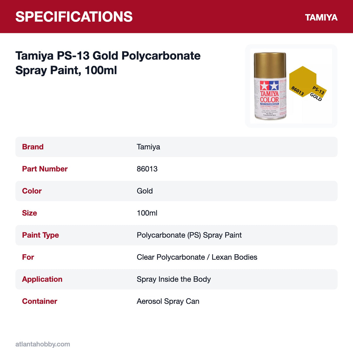 Tamiya PS-13 Gold Polycarbonate Spray Paint, 100ml specifications
