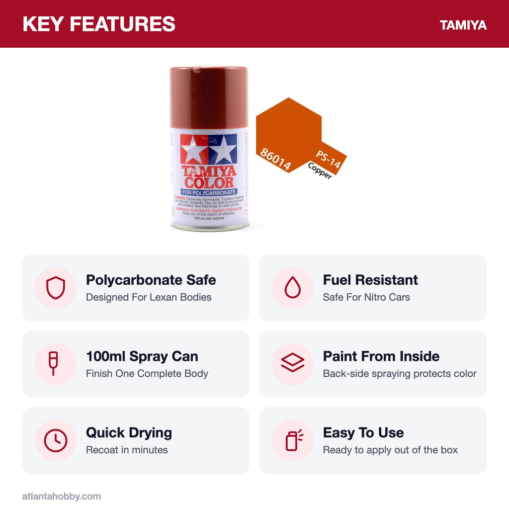 Tamiya PS-14 Copper Polycarbonate Spray Paint, 100ml key features