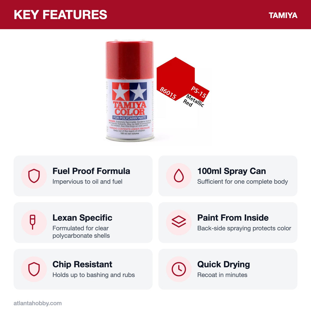 Tamiya PS-15 Metallic Red Polycarbonate Spray Paint, 100ml key features