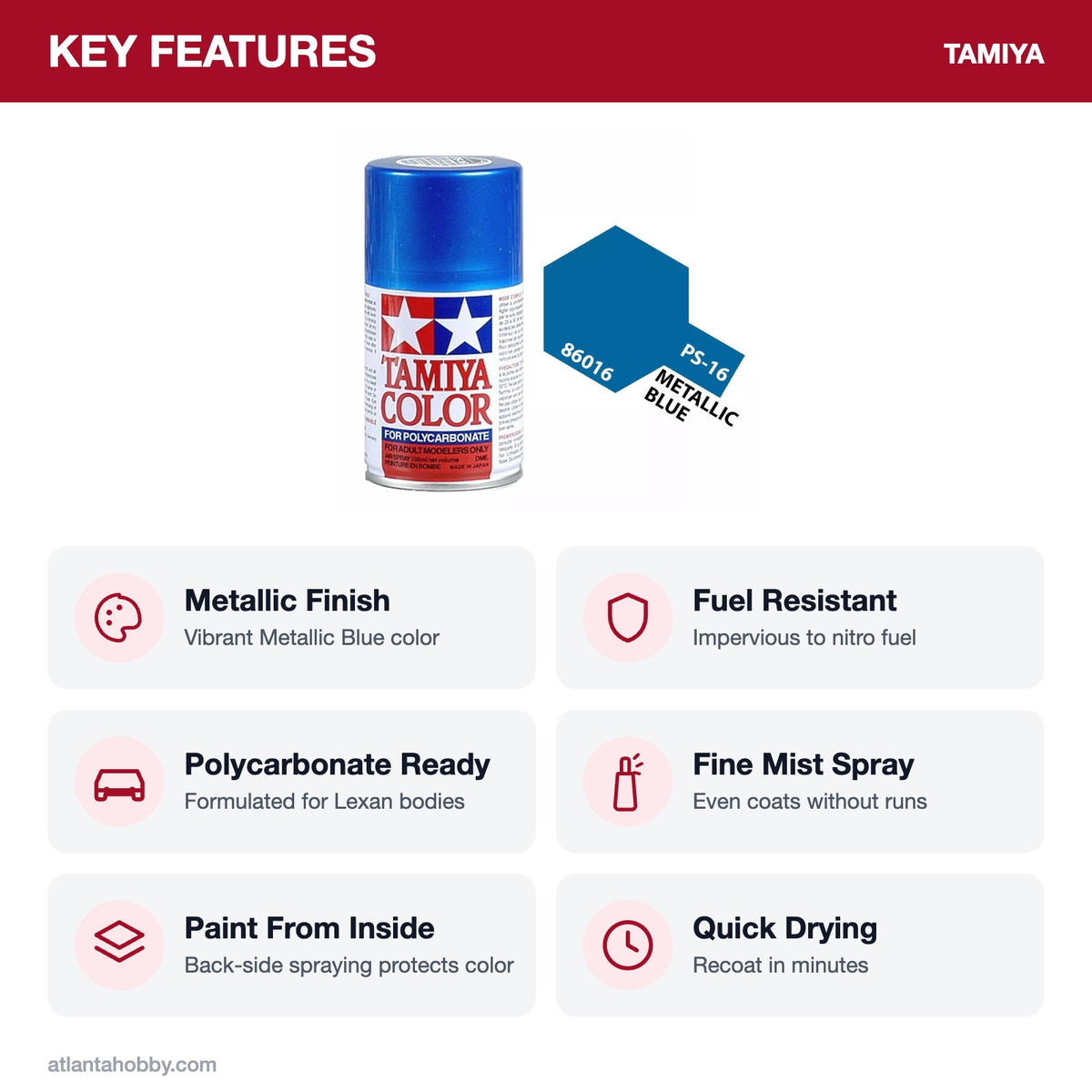 Tamiya PS-16 Metallic Blue Polycarbonate Spray Paint, 100ml key features