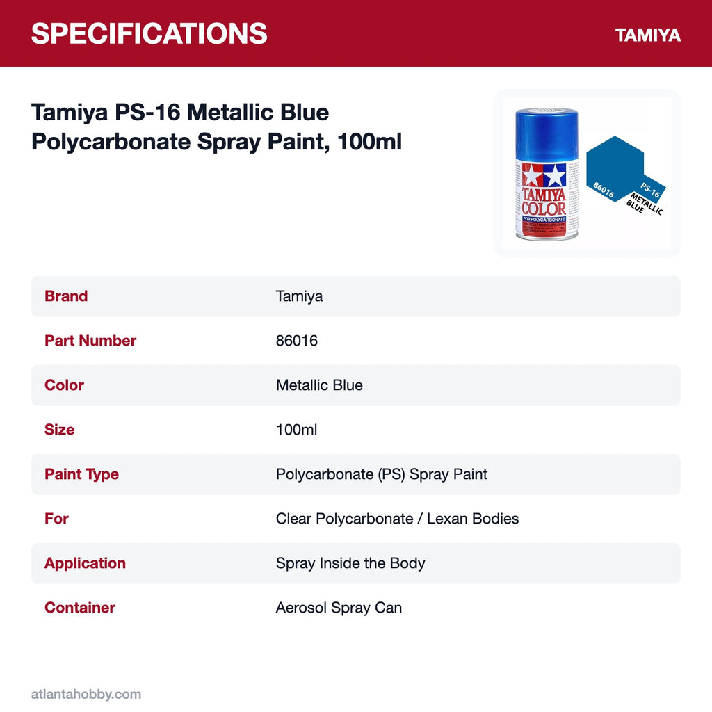 Tamiya PS-16 Metallic Blue Polycarbonate Spray Paint, 100ml specifications