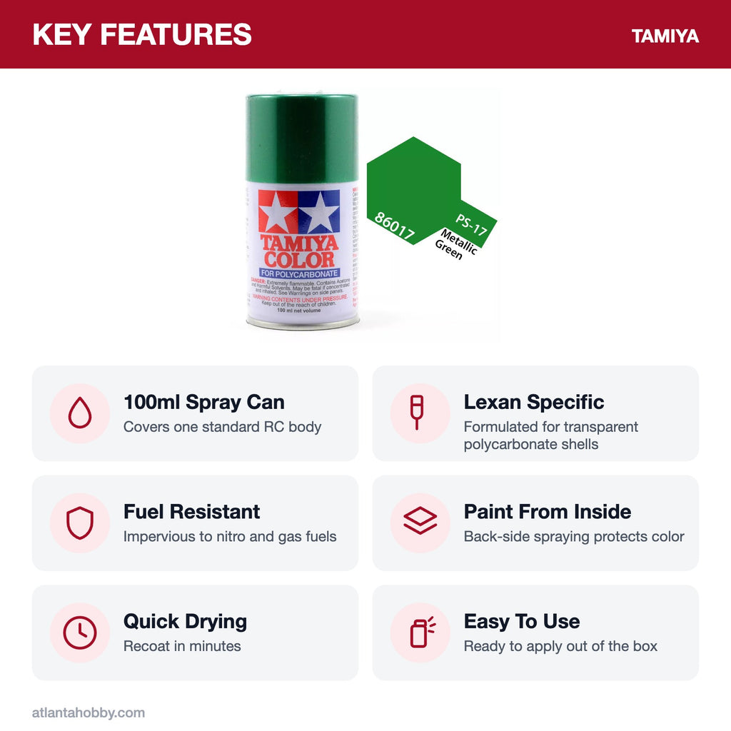 Tamiya PS-17 Metallic Green Polycarbonate Spray Paint, 100ml key features