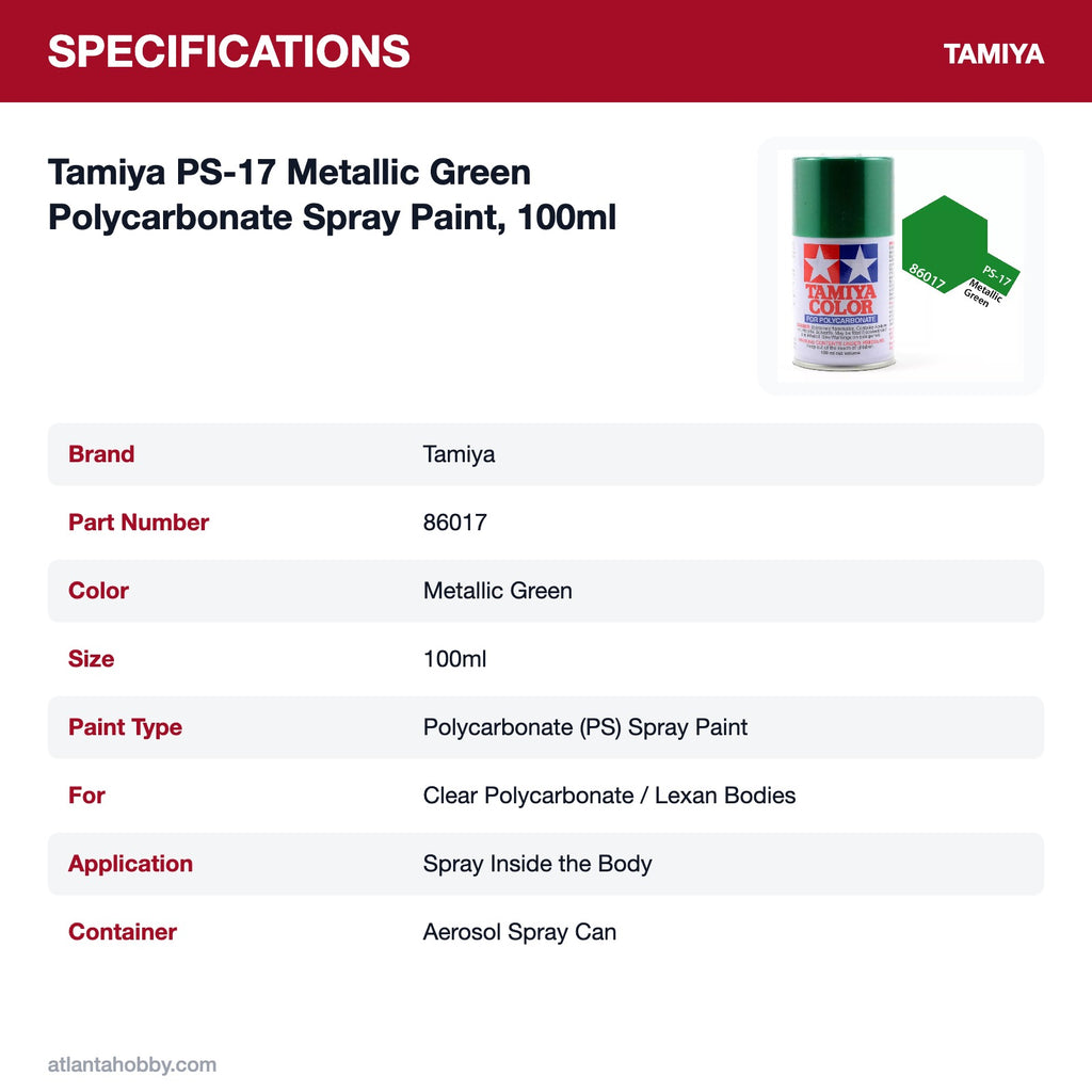 Tamiya PS-17 Metallic Green Polycarbonate Spray Paint, 100ml specifications