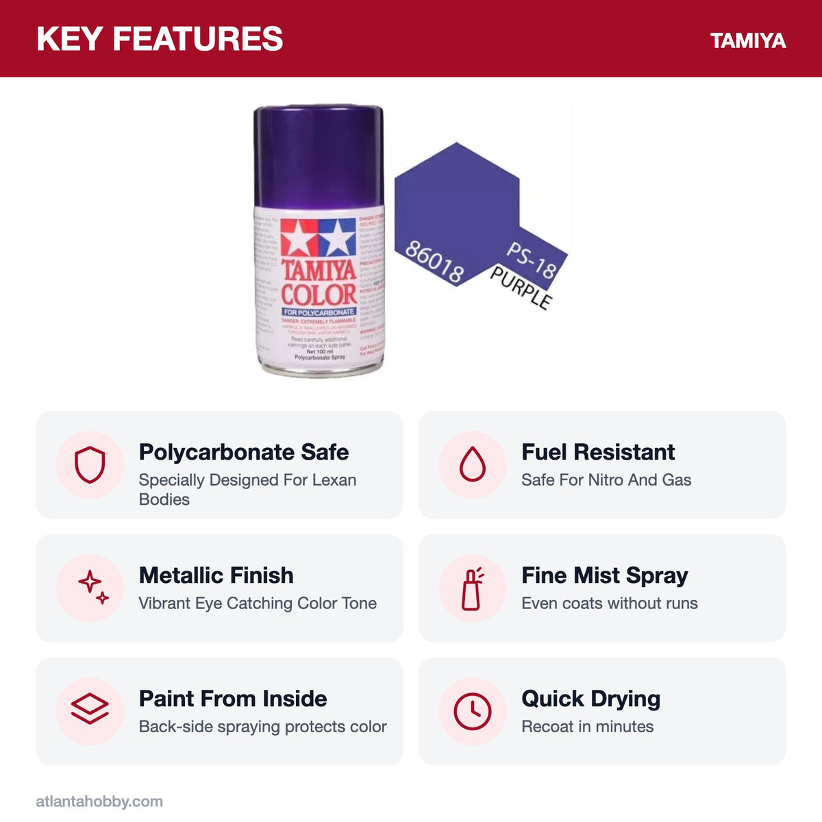 Tamiya PS-18 Metallic Purple Polycarbonate Spray Paint, 100ml key features