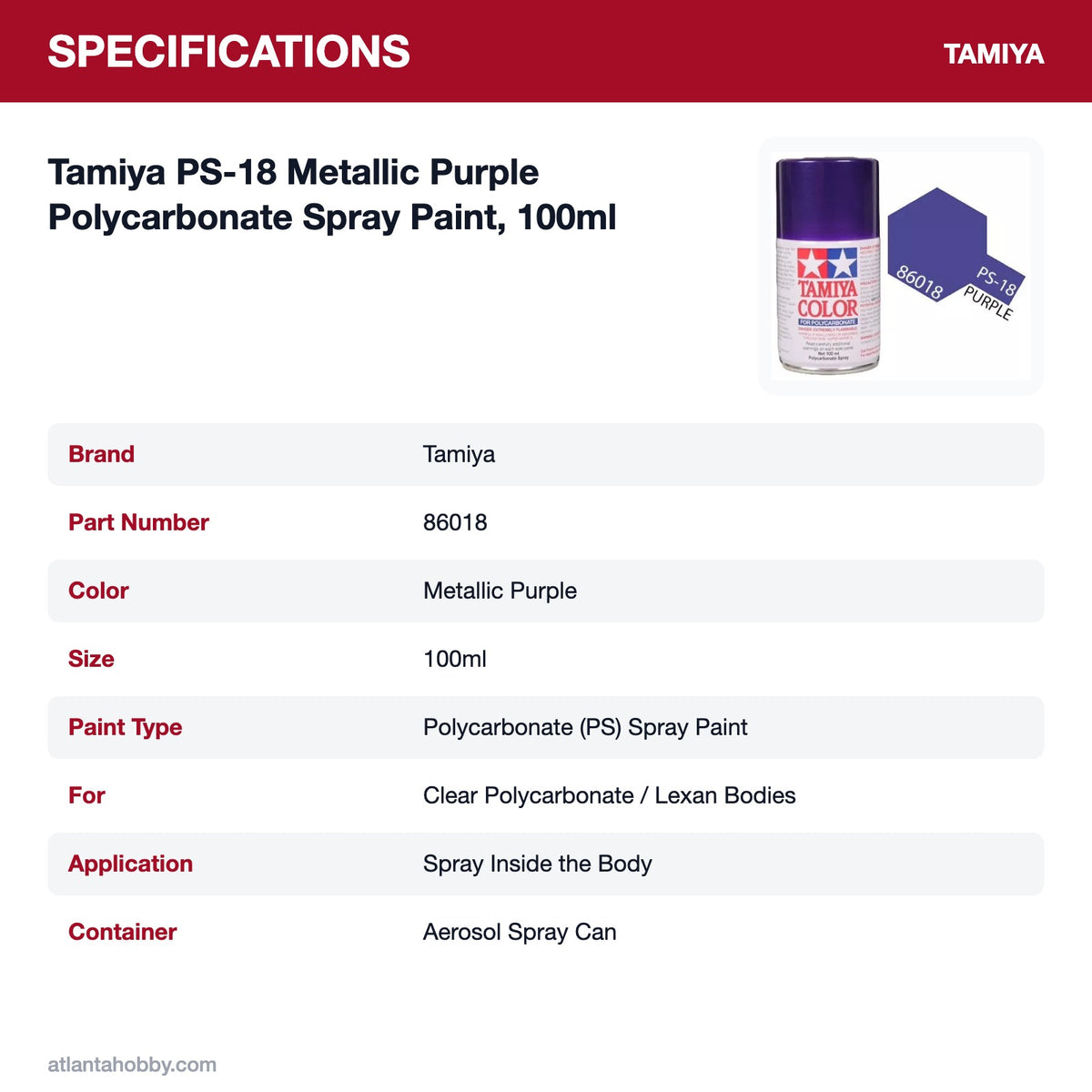 Tamiya PS-18 Metallic Purple Polycarbonate Spray Paint, 100ml specifications