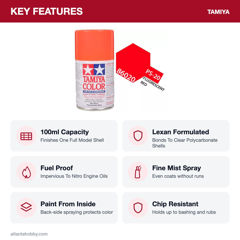 Tamiya PS-20 Fluorescent Red Polycarbonate Spray Paint, 100ml key features