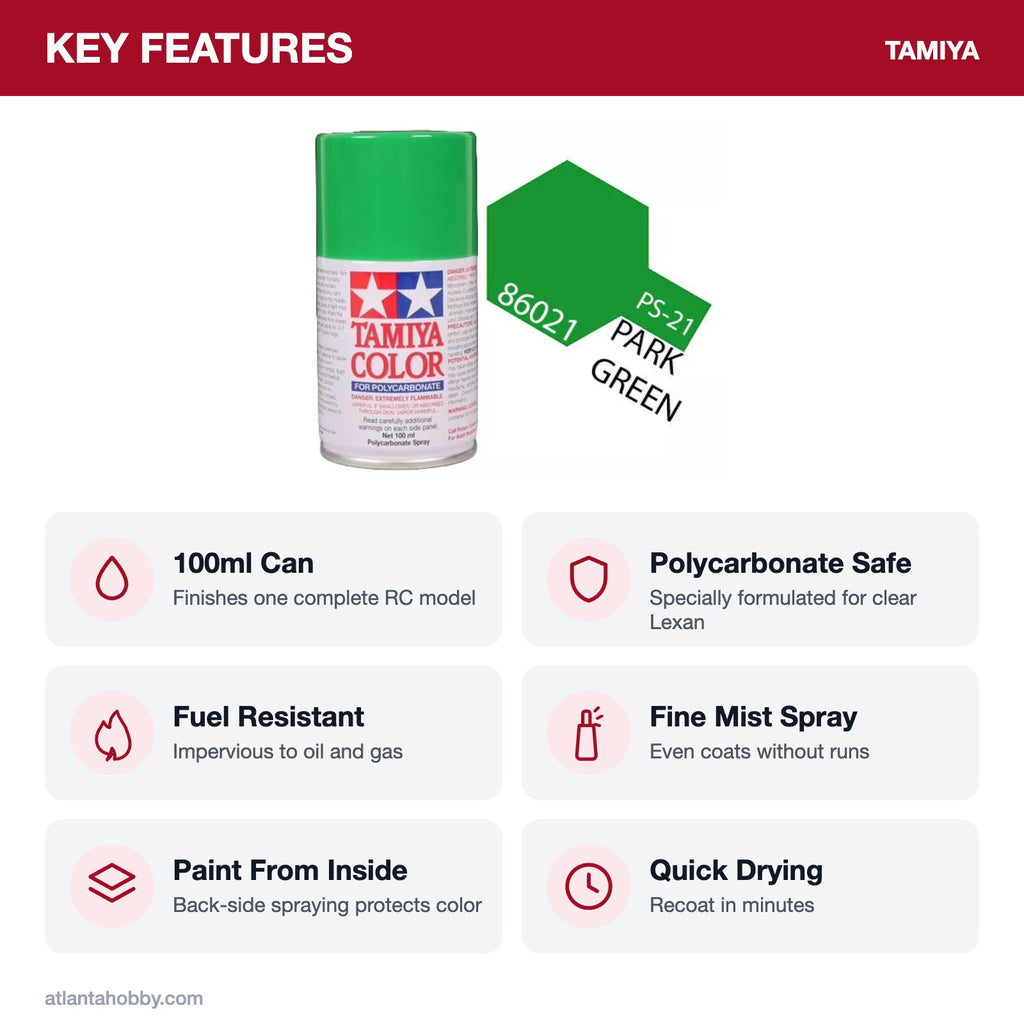 Tamiya PS-21 Park Green Polycarbonate Spray Paint, 100ml key features