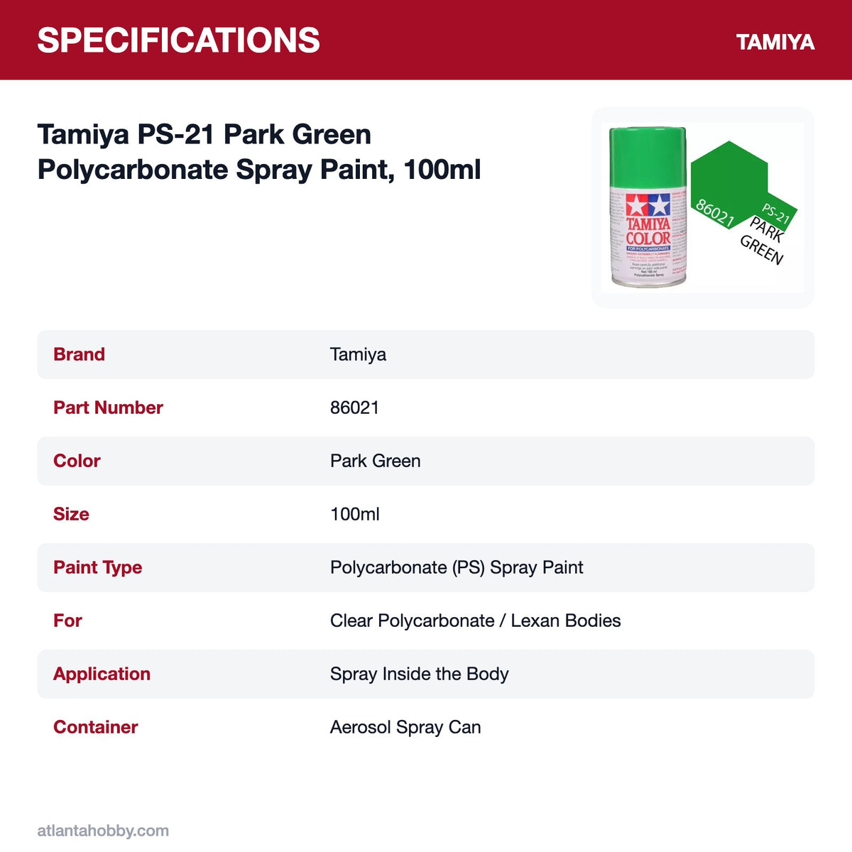 Tamiya PS-21 Park Green Polycarbonate Spray Paint, 100ml specifications