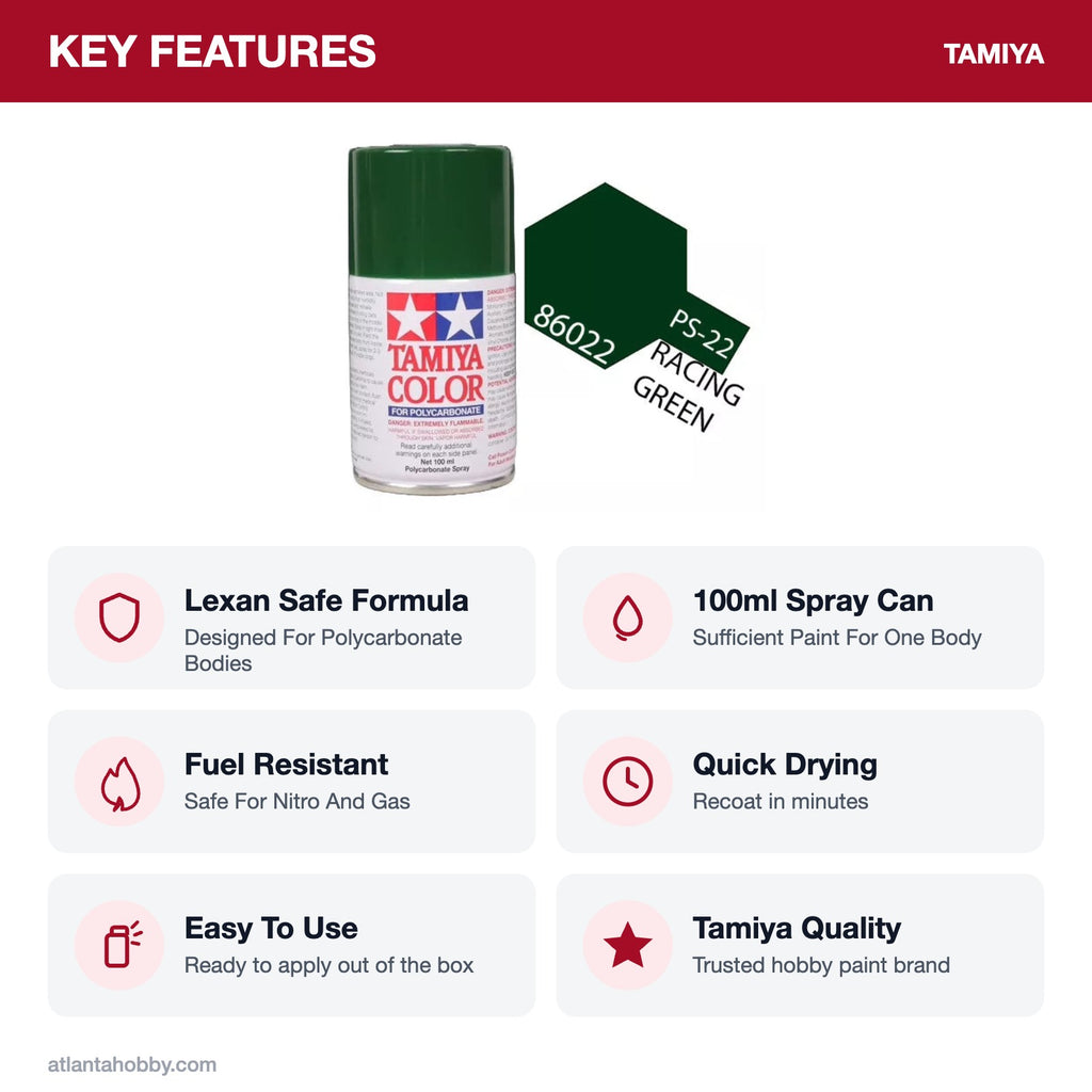 Tamiya PS-22 Racing Green Polycarbonate Spray Paint, 100ml key features