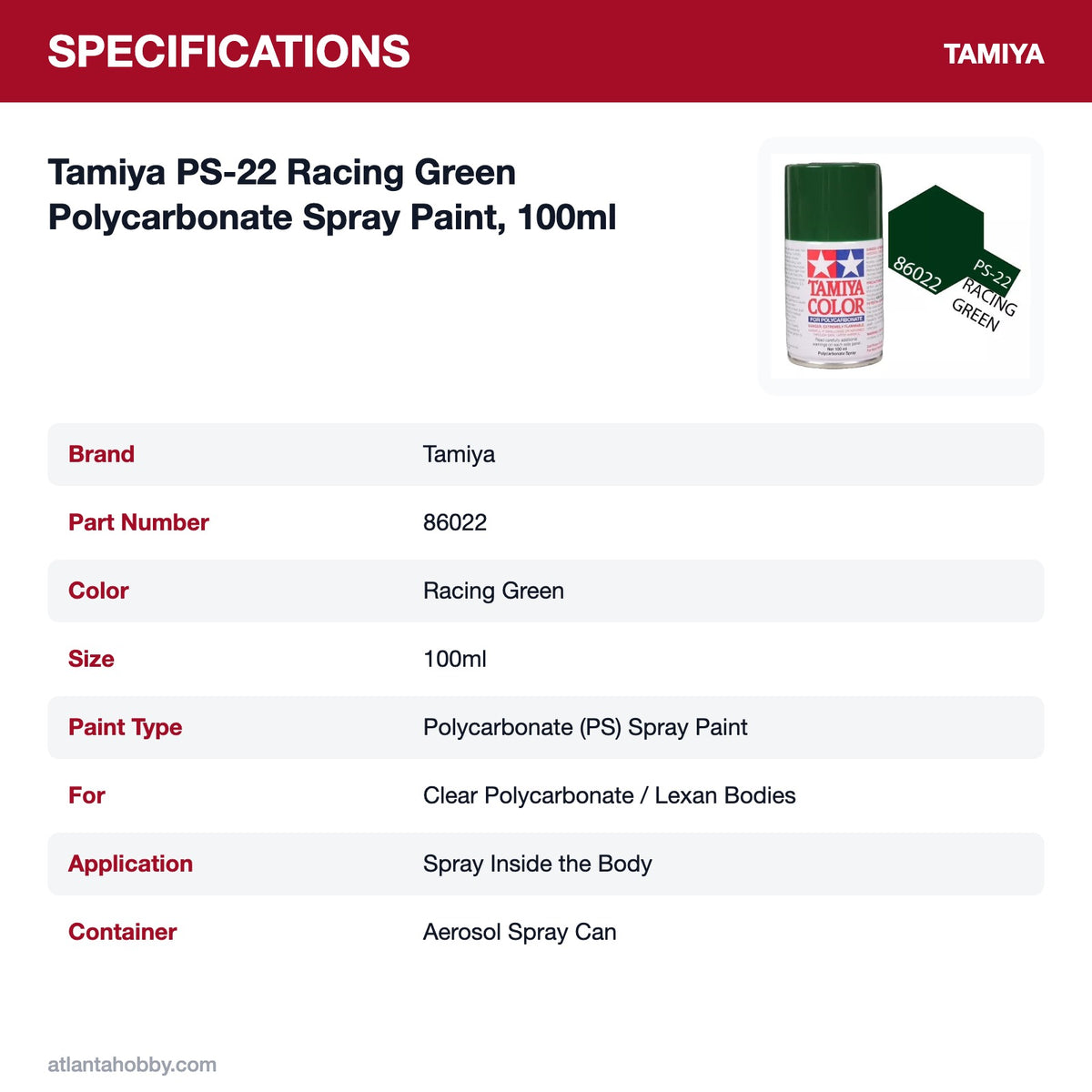 Tamiya PS-22 Racing Green Polycarbonate Spray Paint, 100ml specifications