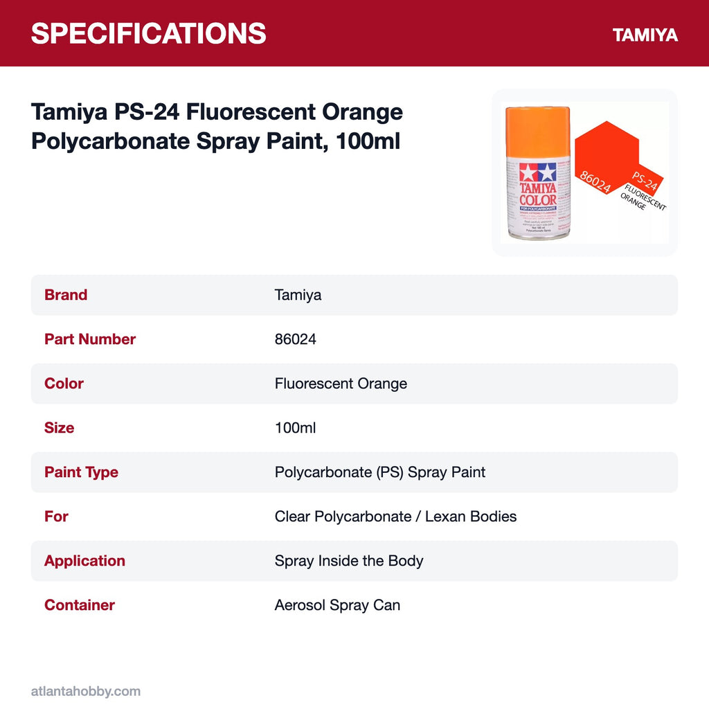 Tamiya PS-24 Fluorescent Orange Polycarbonate Spray Paint, 100ml specifications