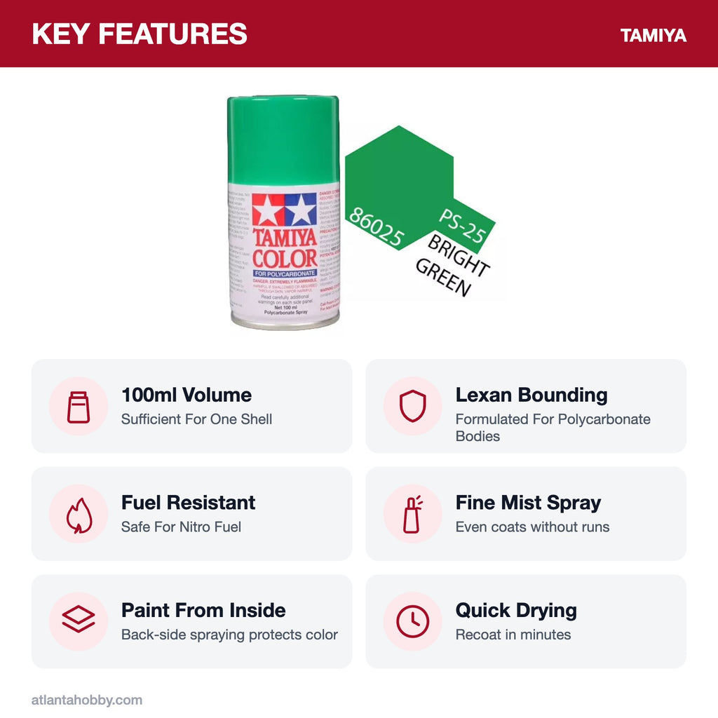 Tamiya PS-25 Bright Green Polycarbonate Spray Paint, 100ml key features