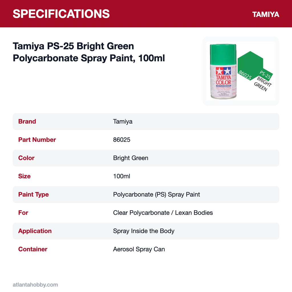 Tamiya PS-25 Bright Green Polycarbonate Spray Paint, 100ml specifications