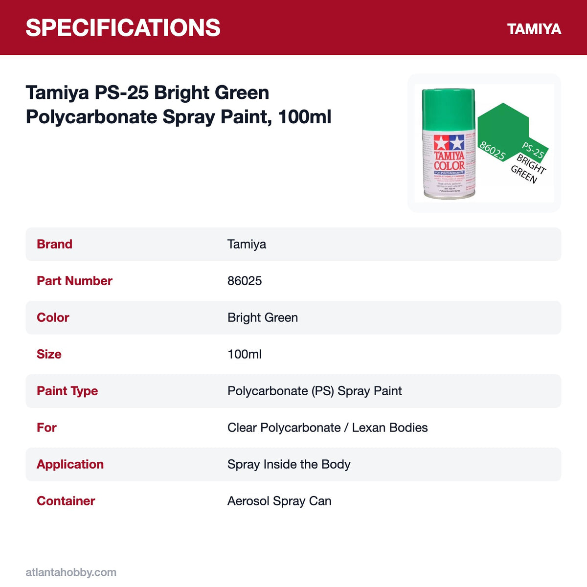 Tamiya PS-25 Bright Green Polycarbonate Spray Paint, 100ml specifications