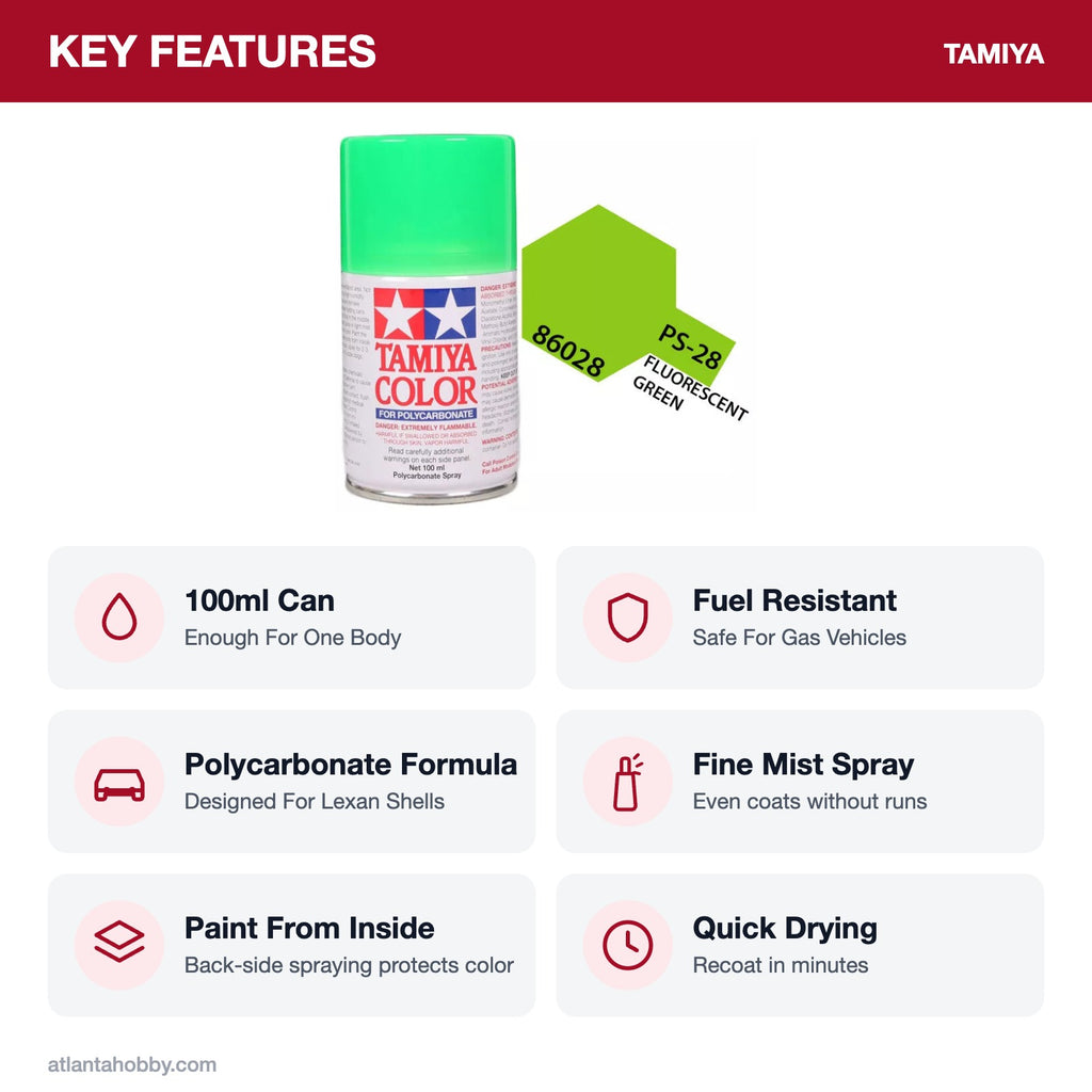 Tamiya PS-28 Fluorescent Green Polycarbonate Spray Paint, 100ml key features