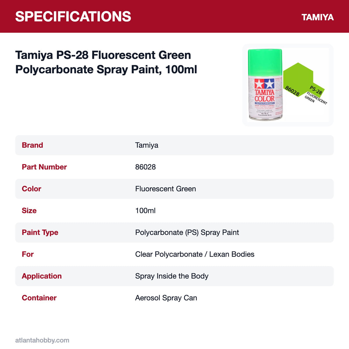 Tamiya PS-28 Fluorescent Green Polycarbonate Spray Paint, 100ml specifications