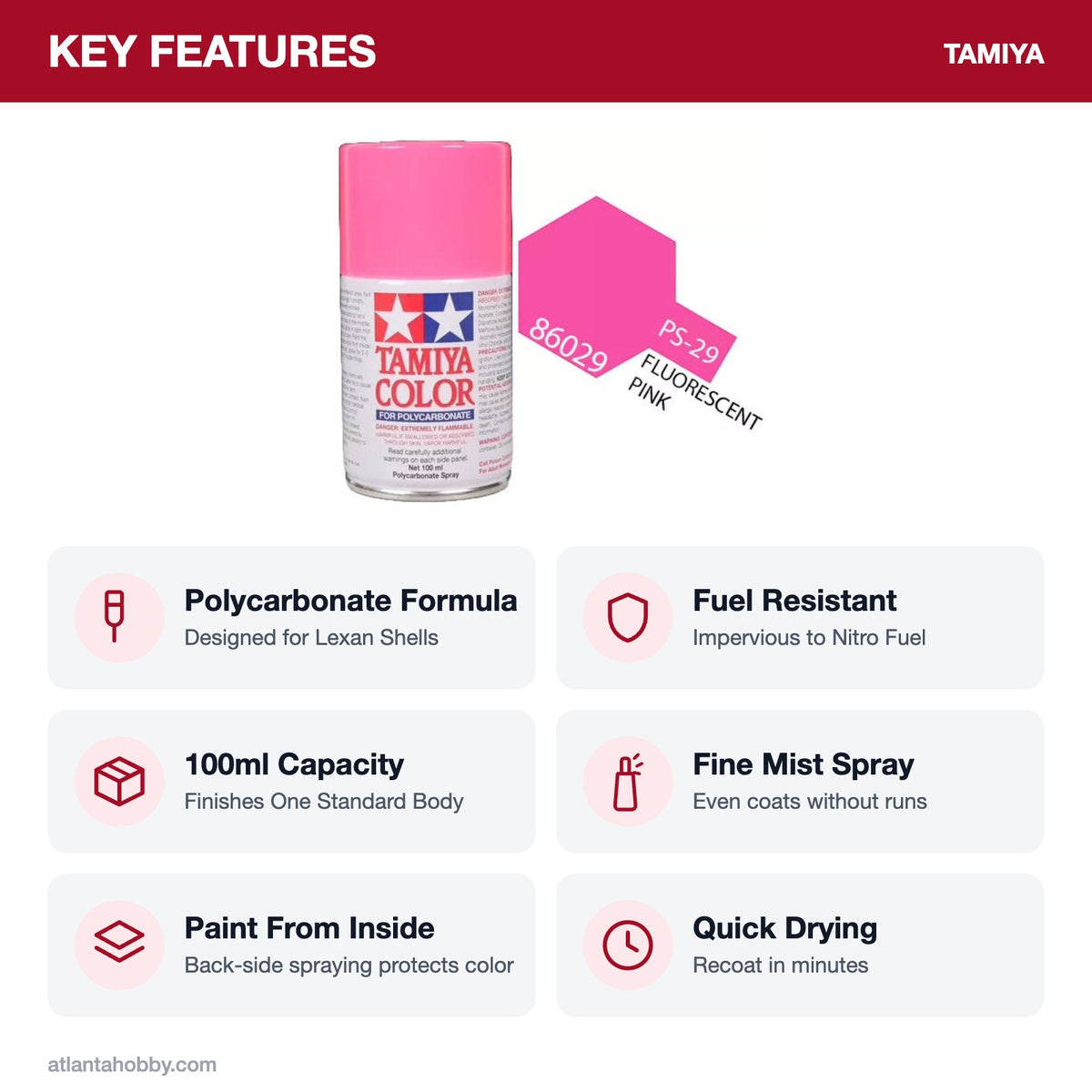 Tamiya PS-29 Fluorescent Pink Polycarbonate Spray Paint, 100ml key features