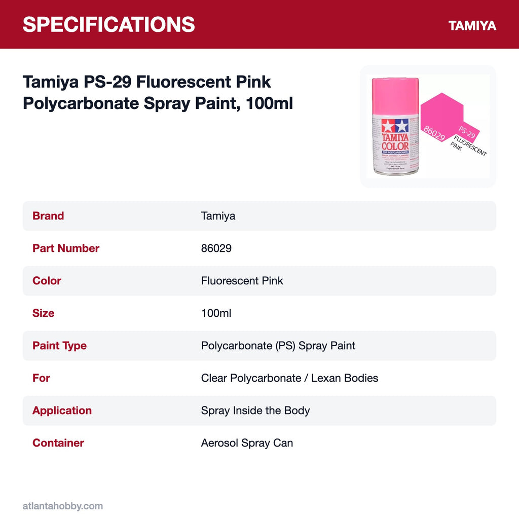 Tamiya PS-29 Fluorescent Pink Polycarbonate Spray Paint, 100ml specifications