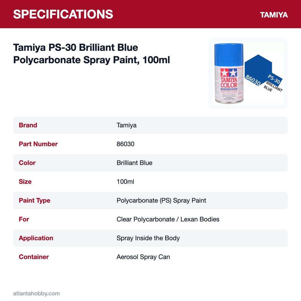 Tamiya PS-30 Brilliant Blue Polycarbonate Spray Paint, 100ml specifications
