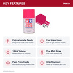 Tamiya PS-33 Cherry Red Polycarbonate Spray Paint, 100ml key features