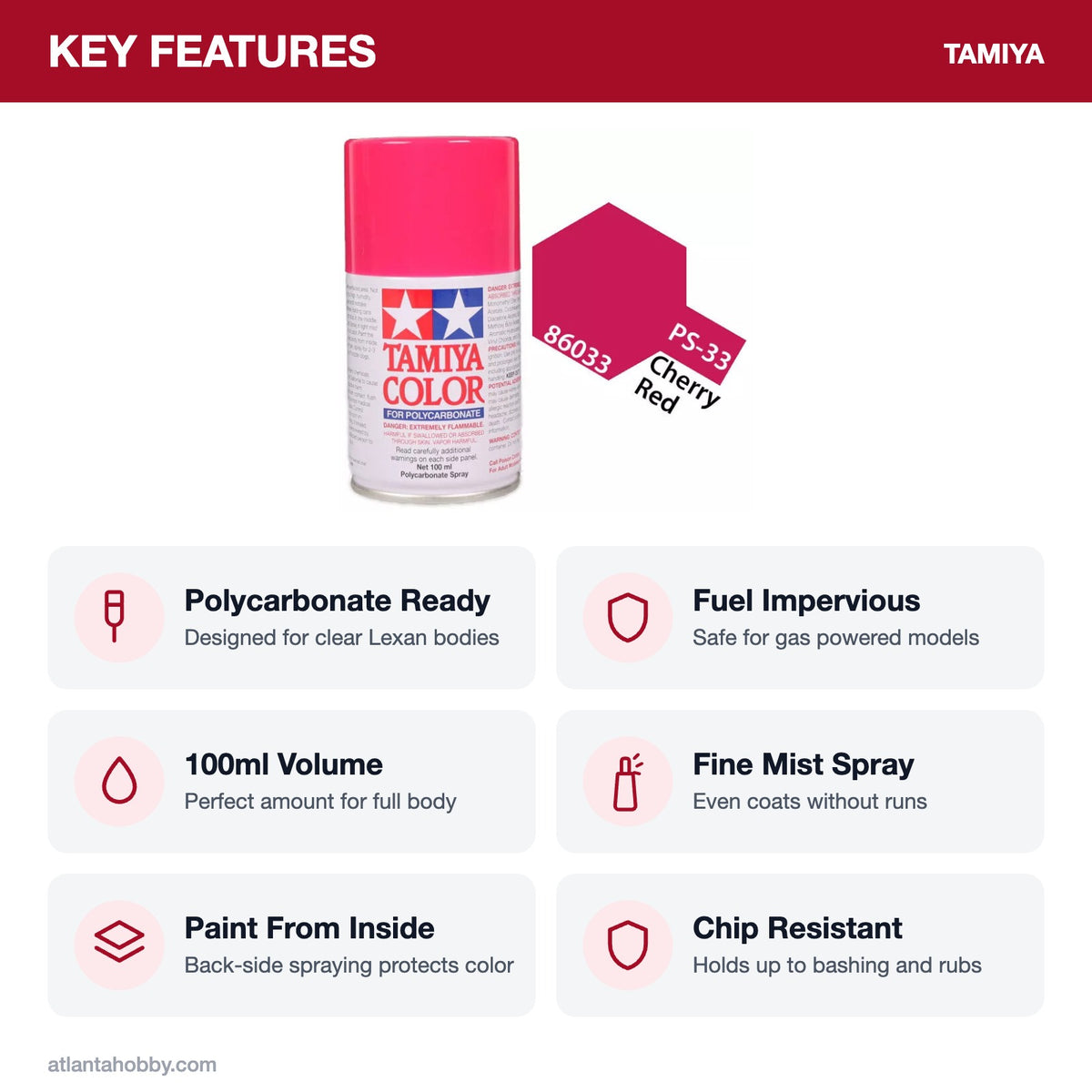 Tamiya PS-33 Cherry Red Polycarbonate Spray Paint, 100ml key features