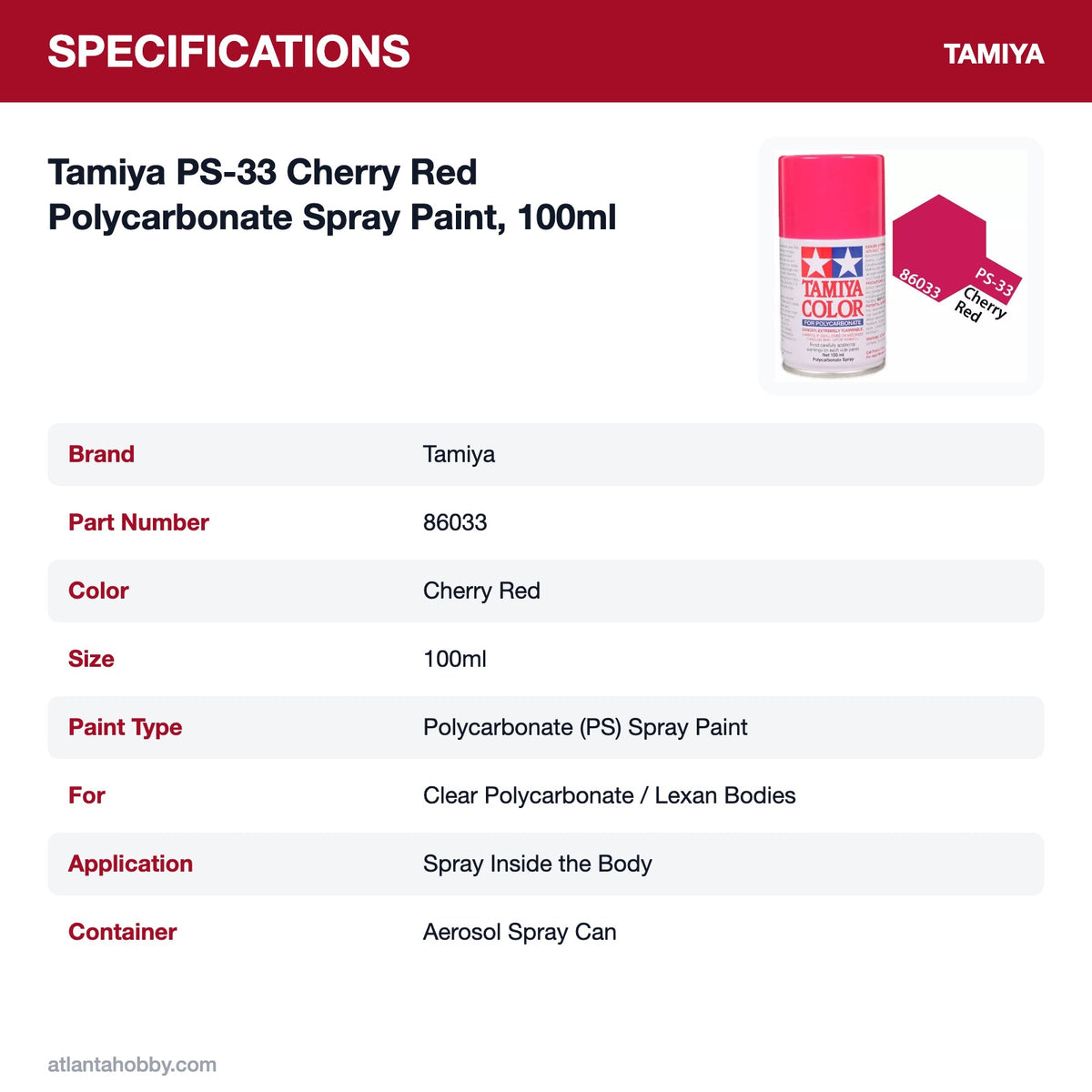 Tamiya PS-33 Cherry Red Polycarbonate Spray Paint, 100ml specifications