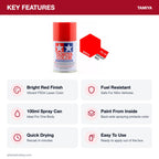 Tamiya PS-34 Bright Red Polycarbonate Spray Paint, 100ml key features