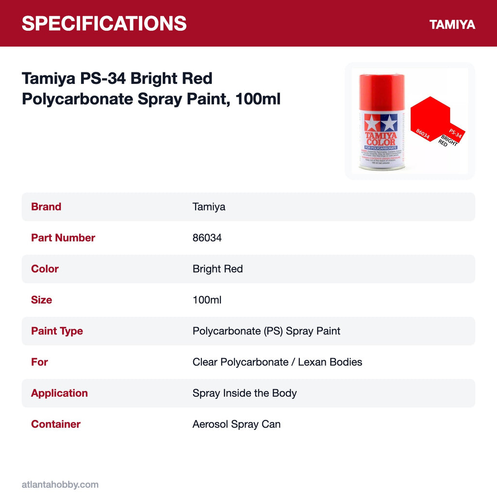 Tamiya PS-34 Bright Red Polycarbonate Spray Paint, 100ml specifications