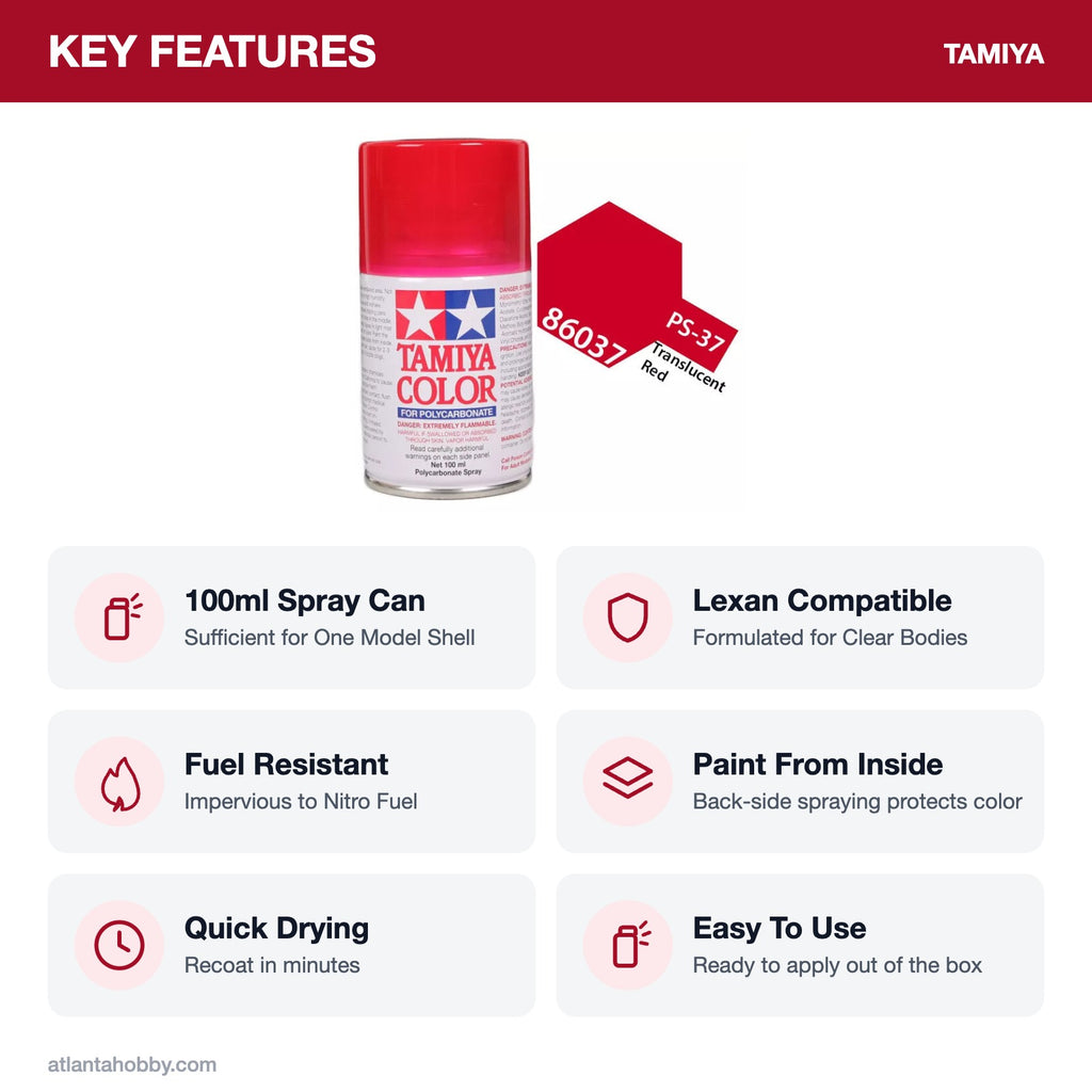 Tamiya PS-37 Translucent Red Polycarbonate Spray Paint, 100ml key features