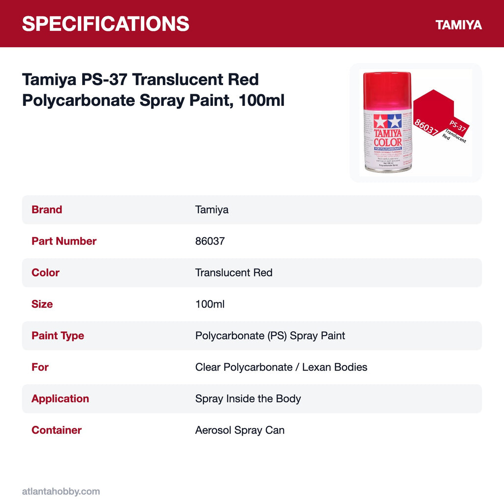 Tamiya PS-37 Translucent Red Polycarbonate Spray Paint, 100ml specifications