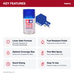Tamiya PS-38 Translucent Blue Polycarbonate Spray Paint, 100ml key features
