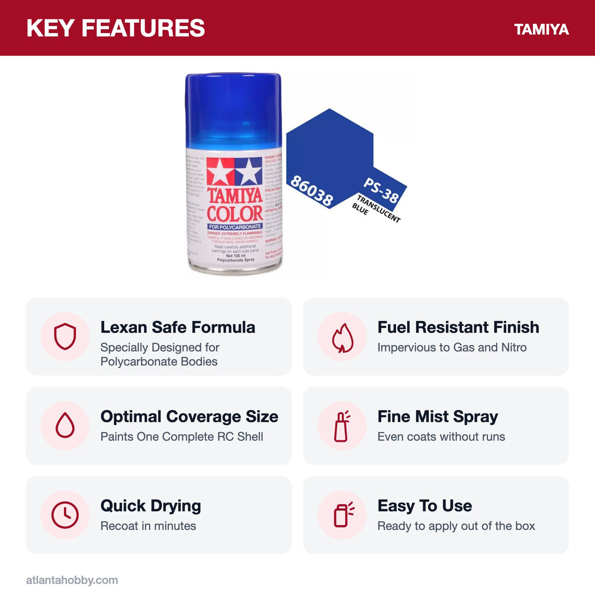 Tamiya PS-38 Translucent Blue Polycarbonate Spray Paint, 100ml key features