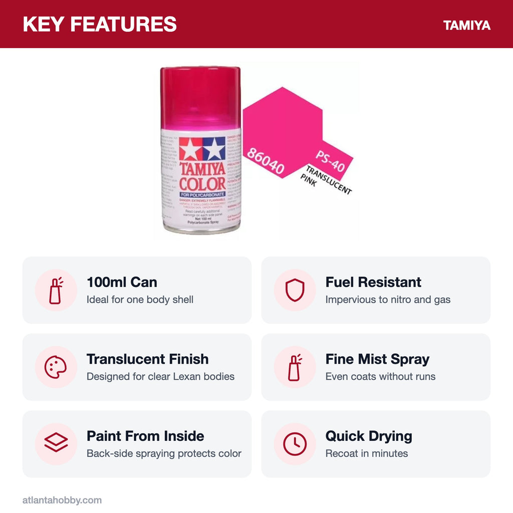 Tamiya PS-40 Translucent Pink Polycarbonate Spray Paint, 100ml key features