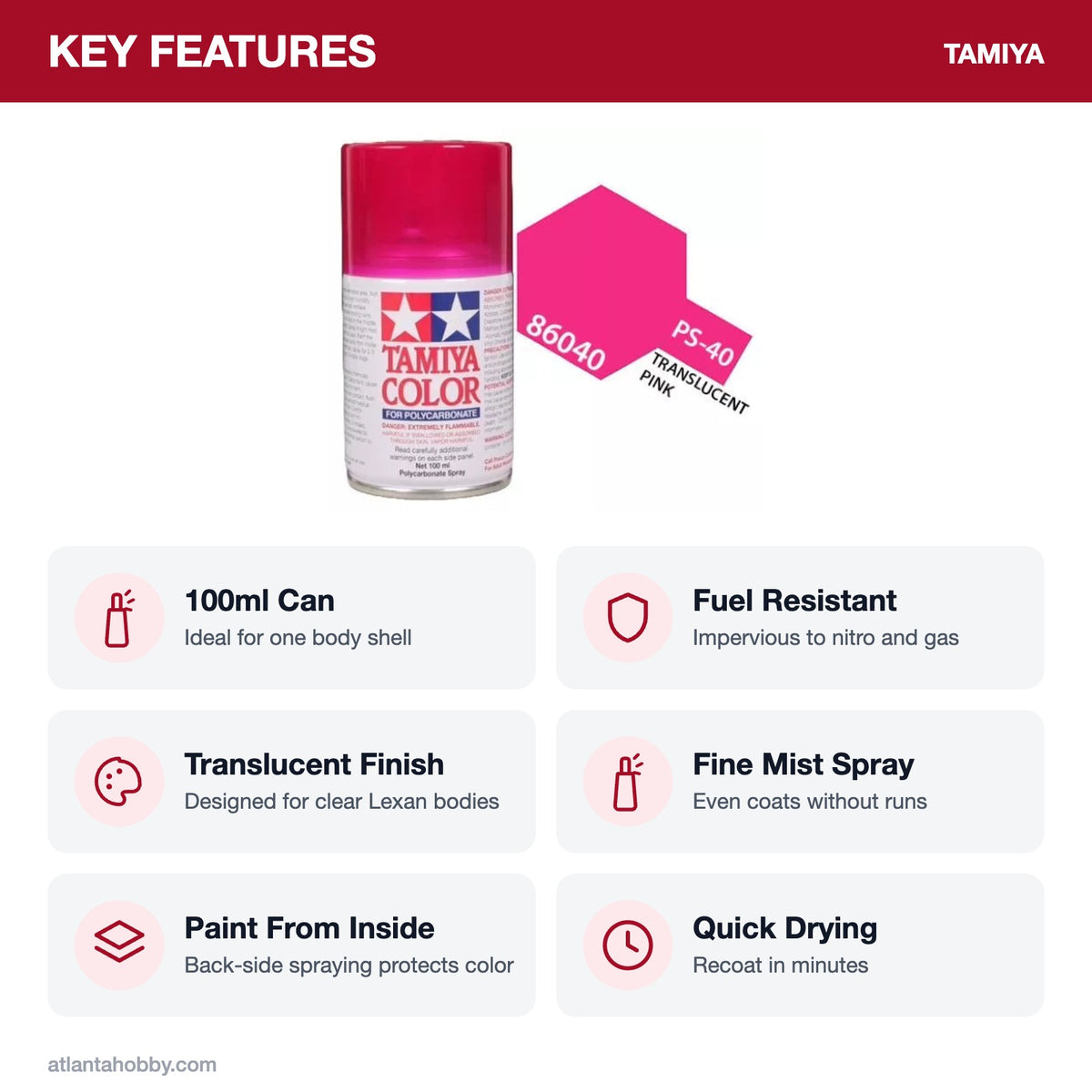Tamiya PS-40 Translucent Pink Polycarbonate Spray Paint, 100ml key features