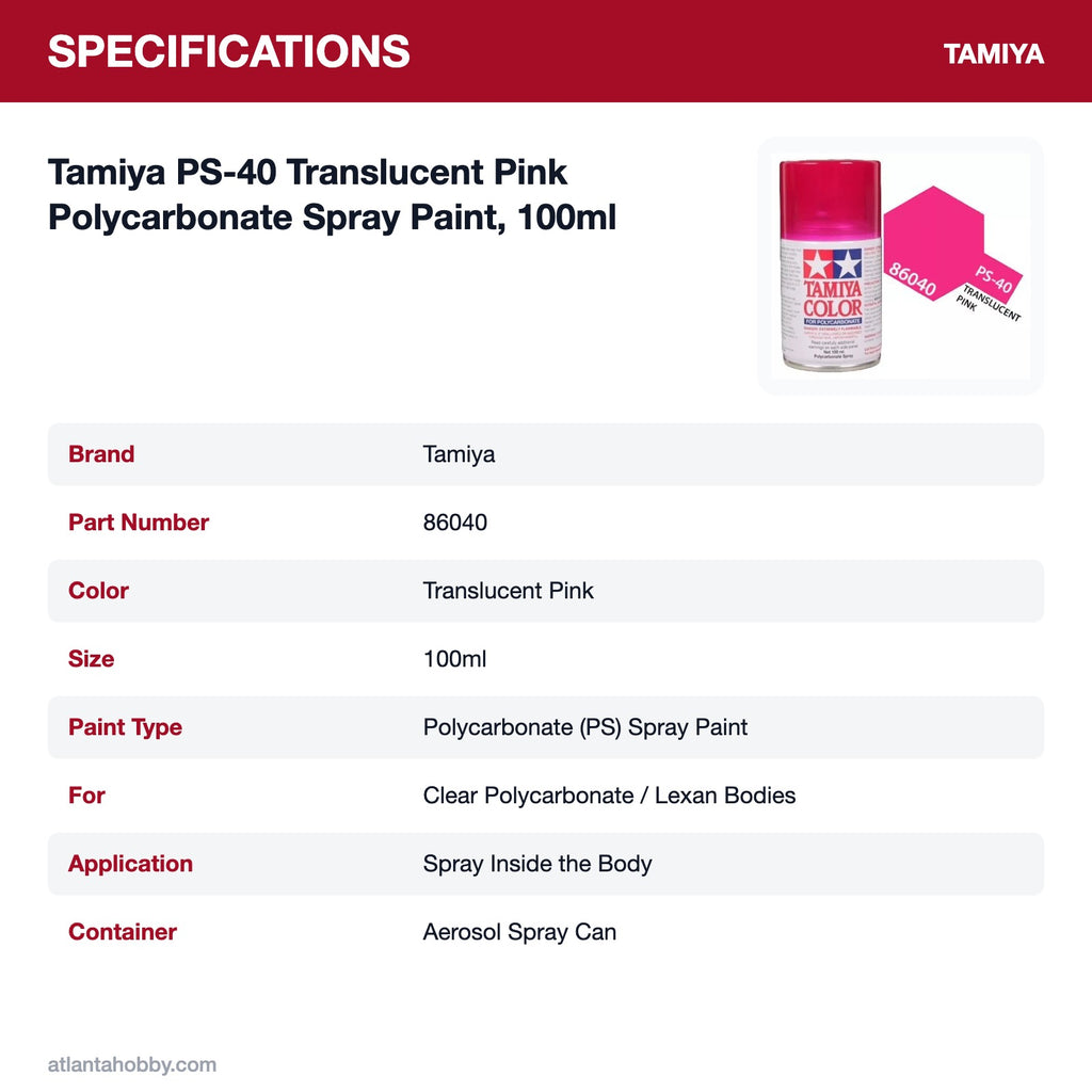 Tamiya PS-40 Translucent Pink Polycarbonate Spray Paint, 100ml specifications