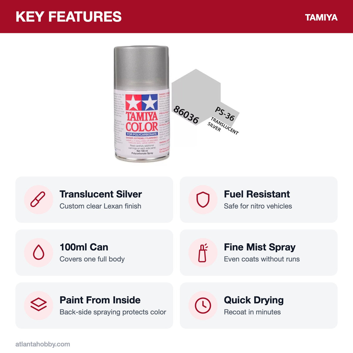 Tamiya PS-36 Translucent Silver Polycarbonate Spray Paint, 100ml key features