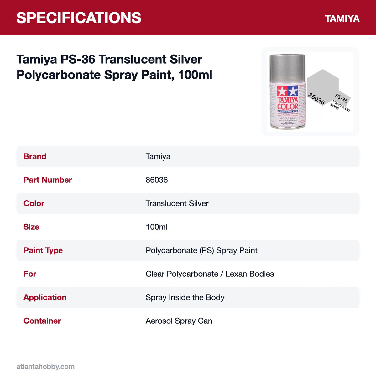 Tamiya PS-36 Translucent Silver Polycarbonate Spray Paint, 100ml specifications