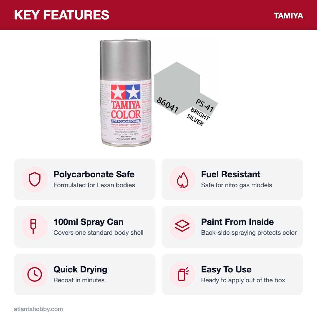 Tamiya PS-41 Bright Silver Polycarbonate Spray Paint, 100ml key features