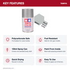Tamiya PS-41 Bright Silver Polycarbonate Spray Paint, 100ml key features