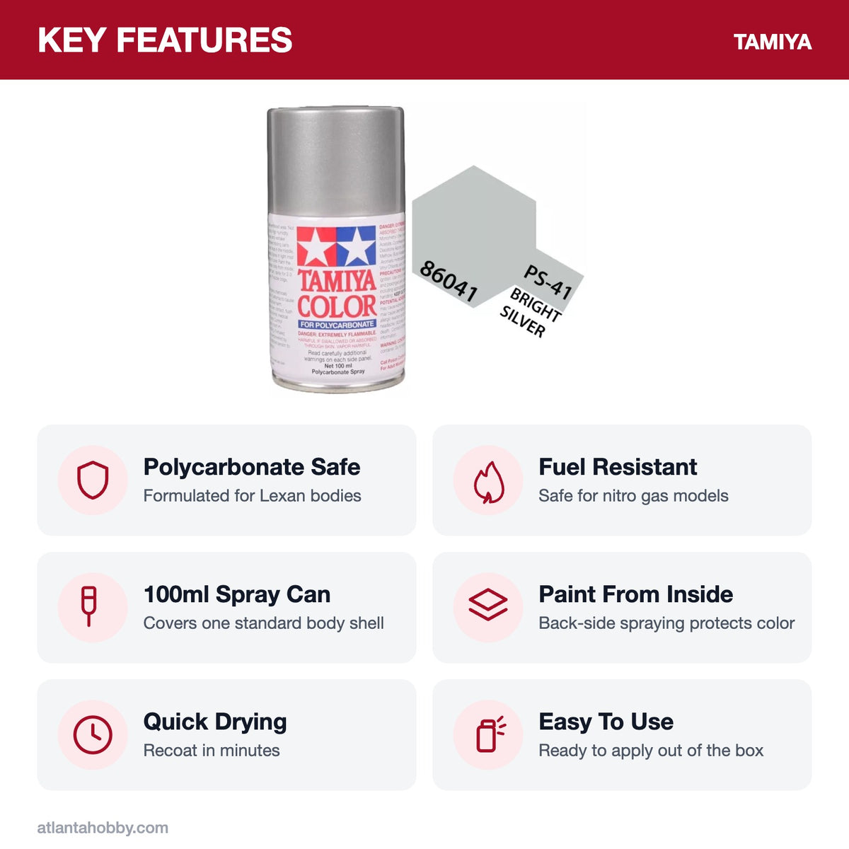 Tamiya PS-41 Bright Silver Polycarbonate Spray Paint, 100ml key features