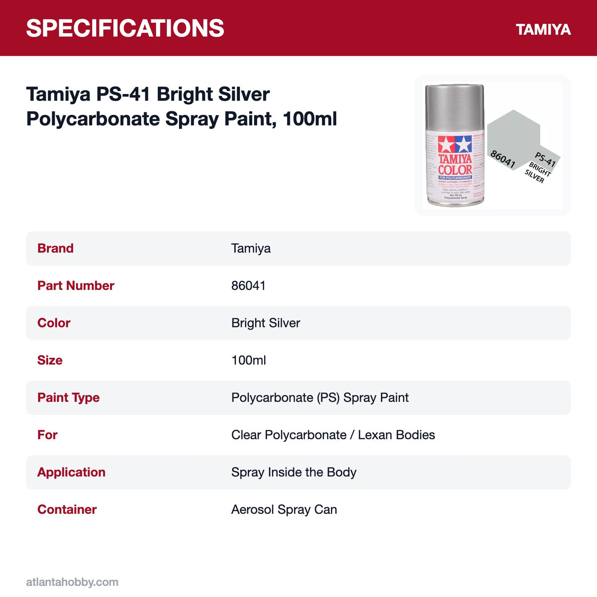 Tamiya PS-41 Bright Silver Polycarbonate Spray Paint, 100ml specifications