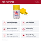 Tamiya PS-42 Translucent Yellow Polycarbonate Spray Paint, 100ml key features