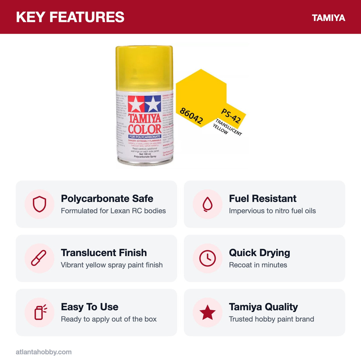 Tamiya PS-42 Translucent Yellow Polycarbonate Spray Paint, 100ml key features