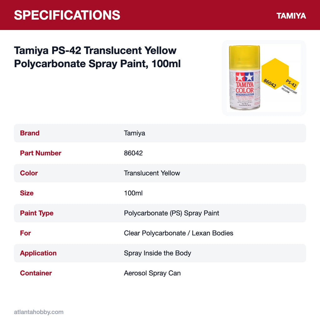 Tamiya PS-42 Translucent Yellow Polycarbonate Spray Paint, 100ml specifications