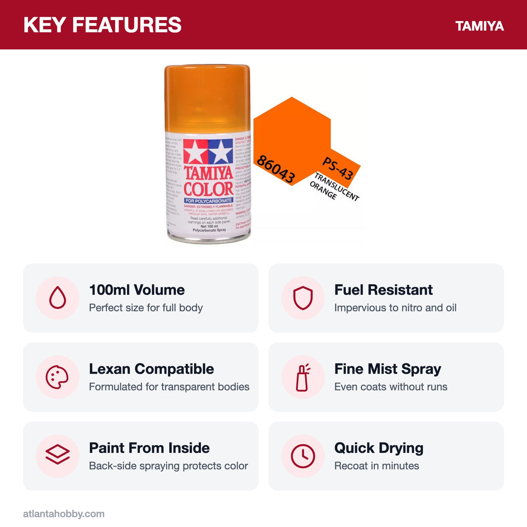 Tamiya PS-43 Translucent Orange Polycarbonate Spray Paint, 100ml key features