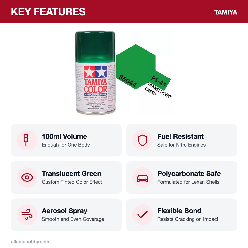 Tamiya PS-44 Translucent Green Polycarbonate Spray Paint, 100ml key features