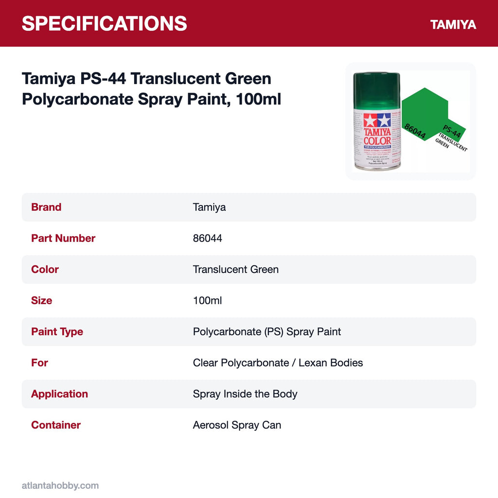 Tamiya PS-44 Translucent Green Polycarbonate Spray Paint, 100ml specifications